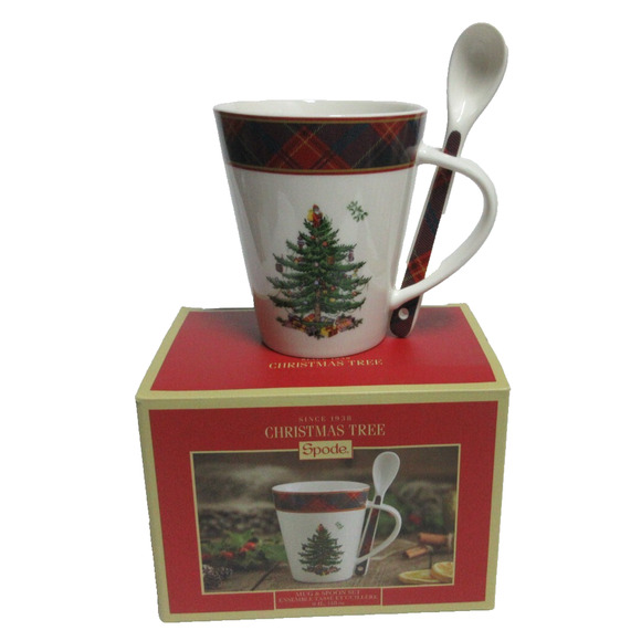 Spode Mug & Spoon set- Christmas Tree, Tartan Plaid 14oz New in Box Gift - Picture 1 of 9